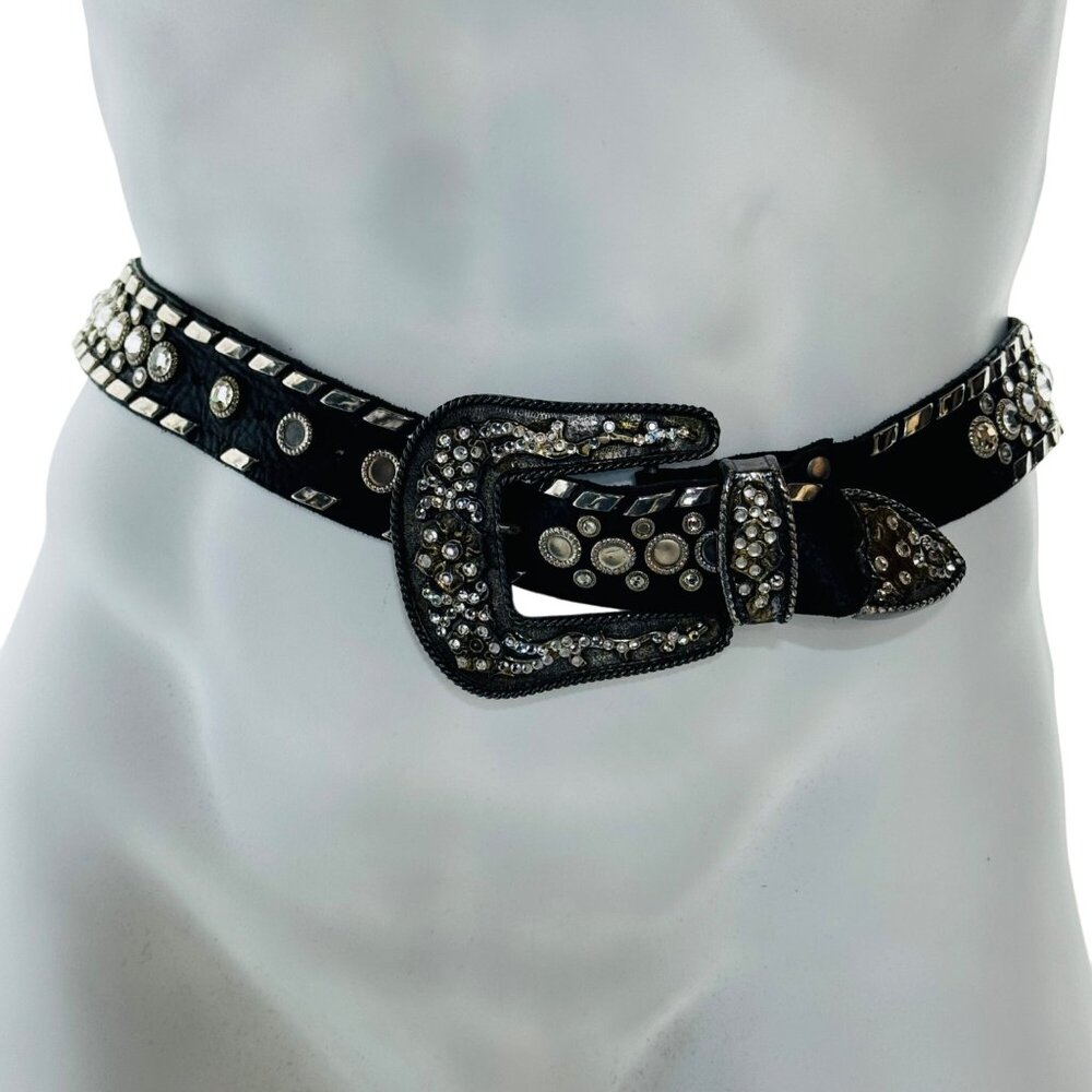 LEATHERROCK Women's Belt Leather Rhinestone Silver Metal Studded Western Size L